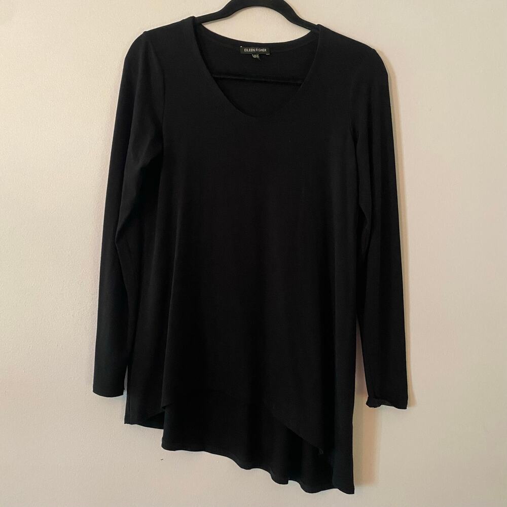 Eileen Fisher Black Scoop Neck Long Sleeve Shirt Minimalist Stretchy Women's XS